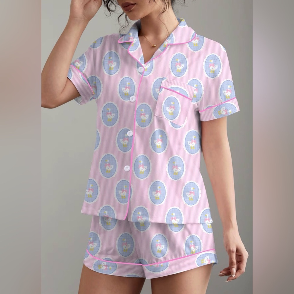 Pink Short Sleeve Swan Bowknot Oval Vintage Print Lounge Pajama Set New - Picture 4 of 13